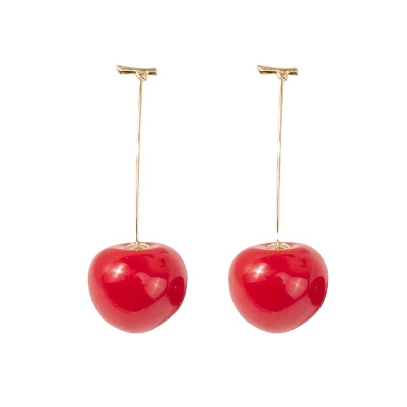 Anting Tusuk Gantung Panjang Desain Buah Ceri Merah Gaya Korea / Simple / Unik Untuk Wanita