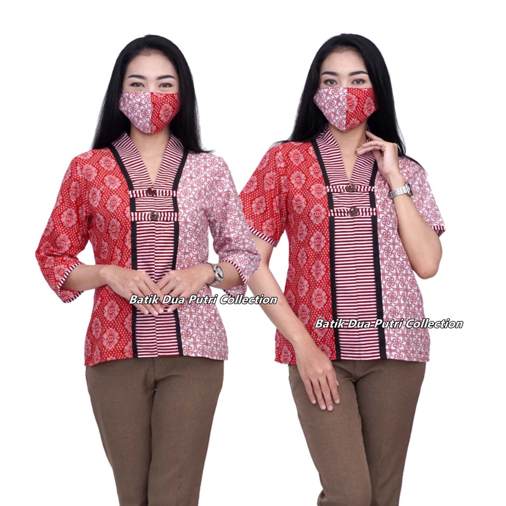 Boluse Batik WAnita - Atasan Batik - Blus Batik - Warna Merah Putih - Batik Wanita -S-M-L-XL-XXL-3L-4L-5L