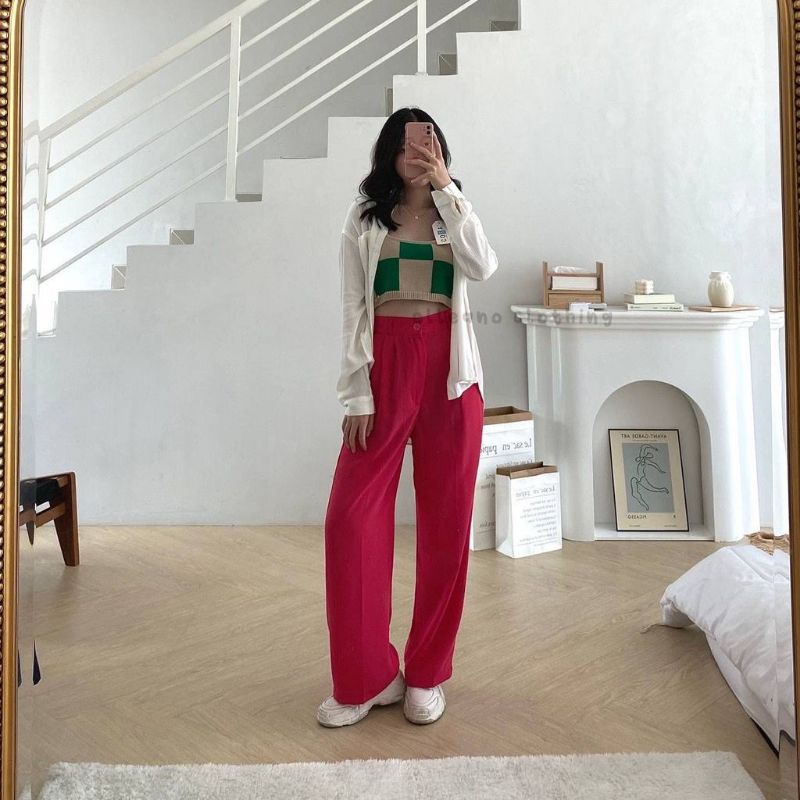 CELANA KULOT CRINKLE HIGWAIST WANITA LOOSE CULLOTE PANTS-Loose fuchisia