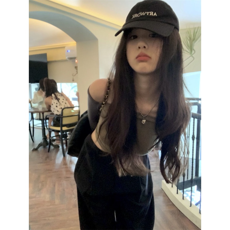 Suhao Satu Bahu T-shirt Wanita Musim Panas Kontras Warna Jahitan Gadis Panas Retro Tanpa Tali Seksi Ketat Tipis Lengan Panjang Atasan Pendek