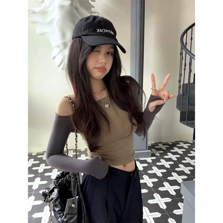 Suhao Satu Bahu T-shirt Wanita Musim Panas Kontras Warna Jahitan Gadis Panas Retro Tanpa Tali Seksi Ketat Tipis Lengan Panjang Atasan Pendek