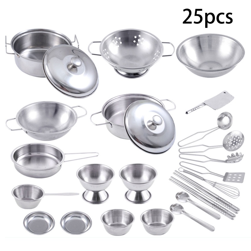 Mary 25Pcs Stainless Steel Mainan Dapur Rumah Anak Anak Berpura-Pura Bermain Peralatan Masak Memasak Playset