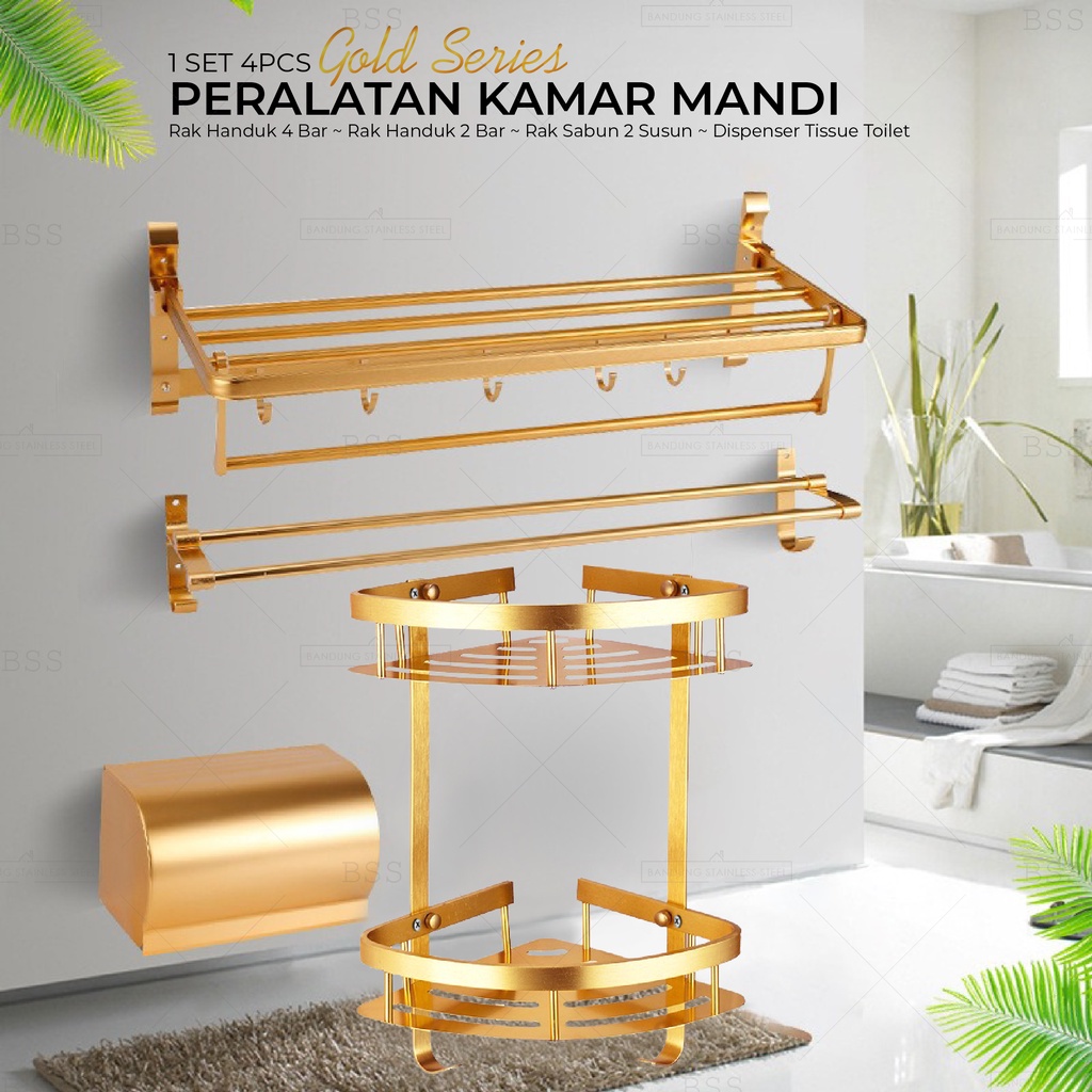 SET Rak Kamar Mandi Dinding Rak Handuk Sabun Tempat Tisu Gold Multifungsi Anti Karat Stainless Steel