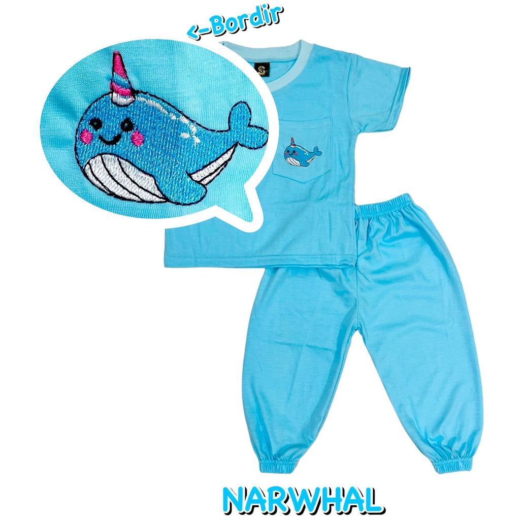 (1 KG MUAT 7 STEL) BAJU SETELAN CP JOGER FASHION OBLONG ANAK LAKI-LAKI/COWOK BAHAN KAOS KATUN KANTONG BORDIR NARWHAL/PAUS/IKAN