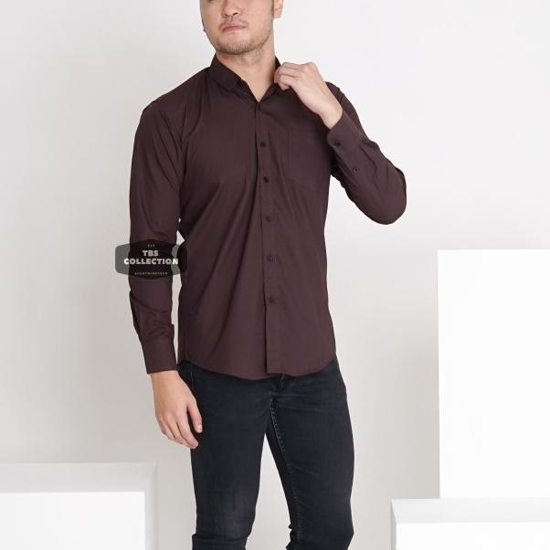 Baju Hem Kemeja Lengan Panjang Pria Coklat Dark Brown Polos Cowok 3242 - Cokelat Tua, M