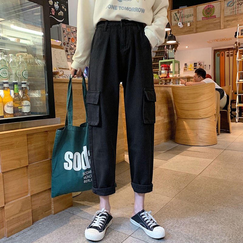 Import Highwaist Loose Boyfriend Cargo Jeans / Cargo Jeans Krem / Hitam