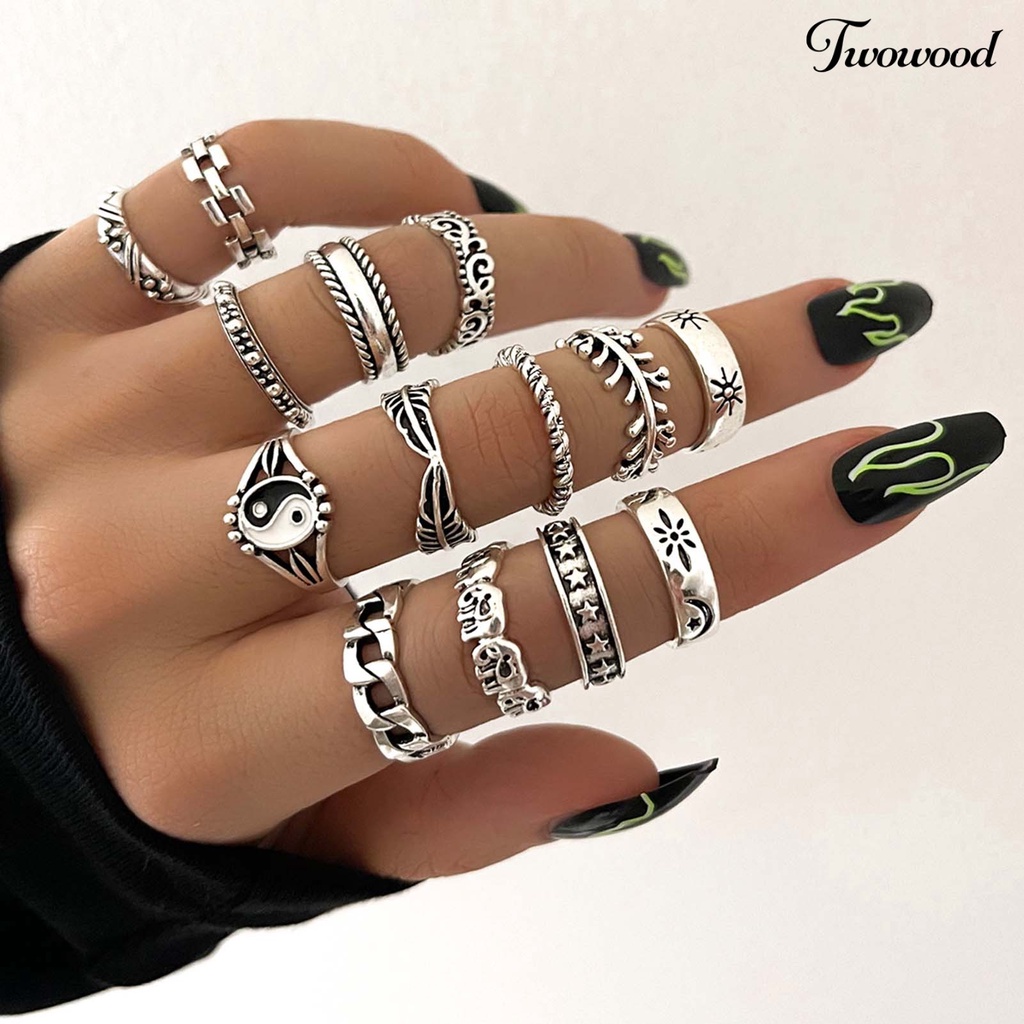 14pcs Cincin Knuckle Stackable Tai Chi Untuk Wanita