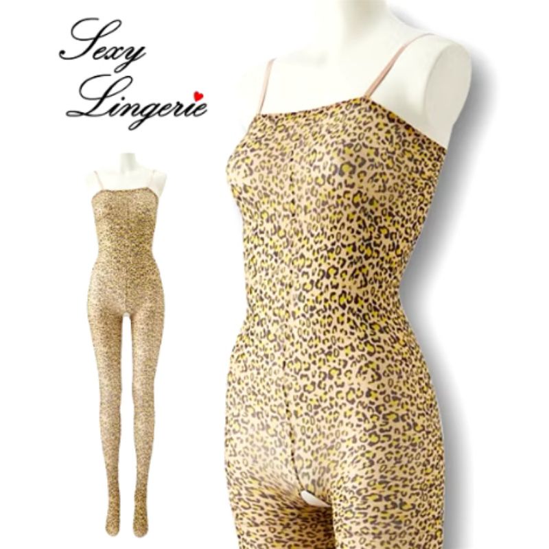 Net Stocking Body Suit Sexy Jaring Motif Leopard Macan Tali Bahu