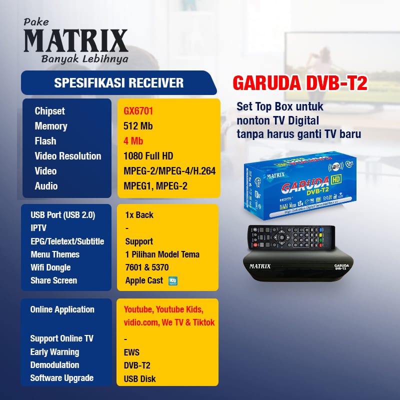 COD Set Top Box Tv Digital MATRIX GARUDA DVB T2 / Set Top Box DVB T2 / Set Box TV Digital / Box TV Digital / Set Top Box TV Tabung