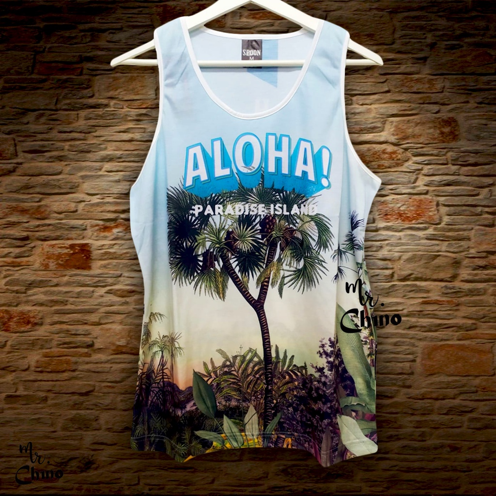 Kaos Singlet Pria Motif Paradise Island | Atasan Tanktop Laki Laki Dewasa | Singlet Gym Pria Kekinia