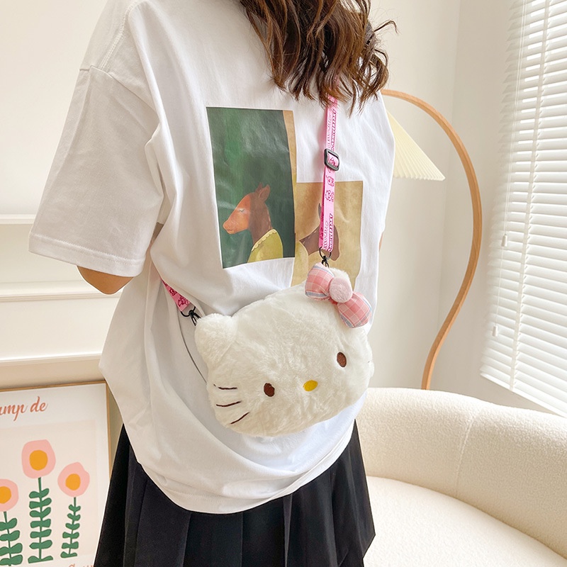 （COD)Tas selempang Hallo Kitty Sling Bag Fashion Motif Kartun Karakter Hewan Anak &amp; Dewasa warna putih