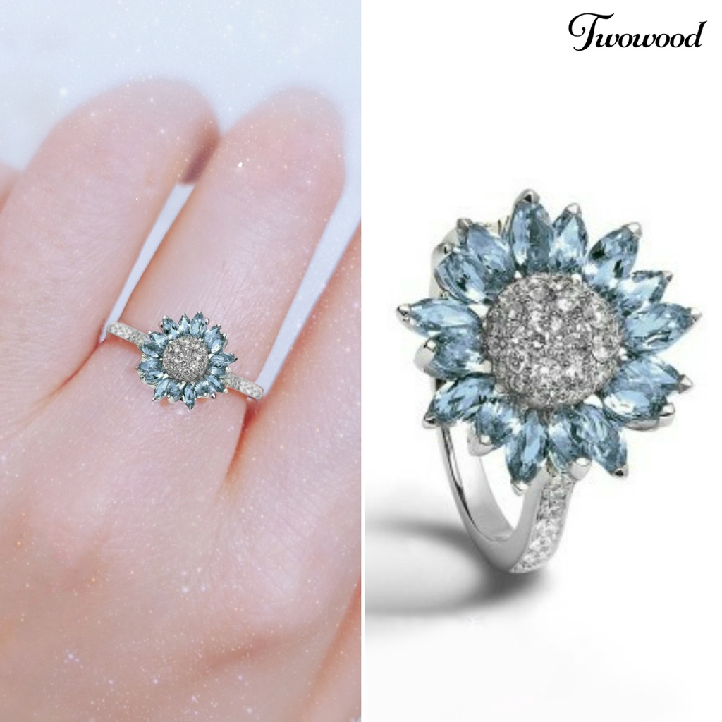 Cincin Wanita Bentuk Bunga Matahari Bahan Cubic Zirconia Warna Putih Aquamarine Untuk Pernikahan