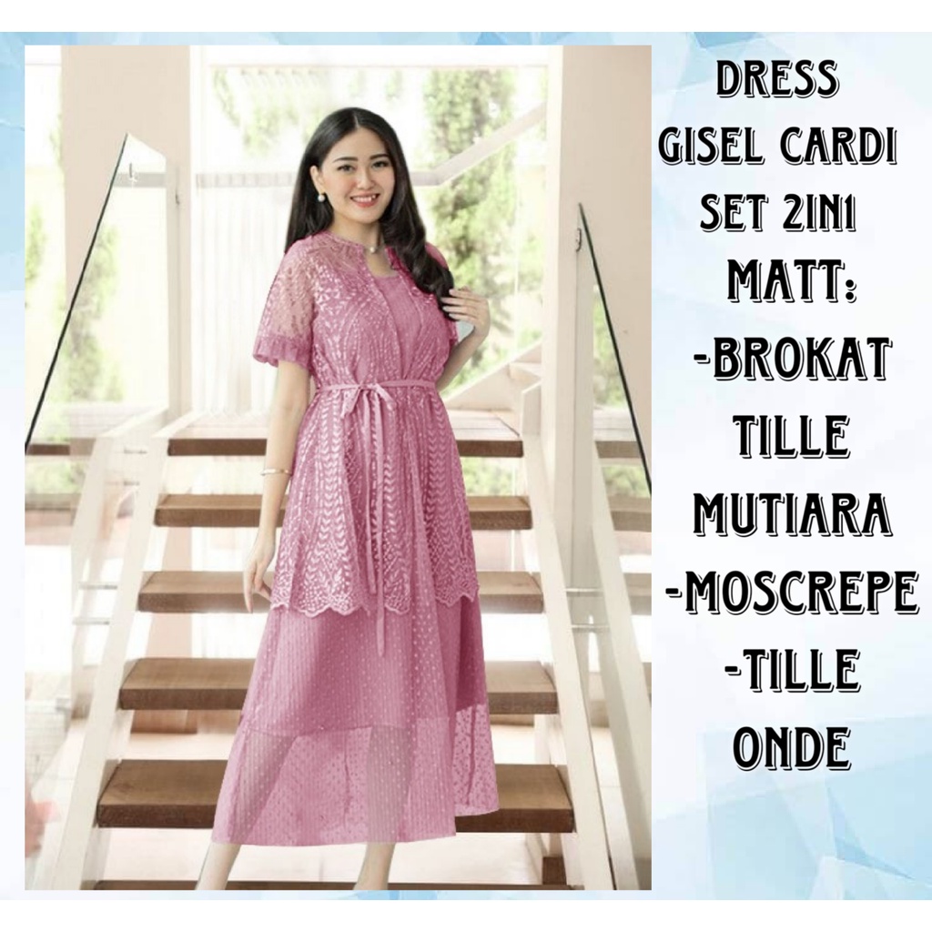 Dress Wanita Terbaru Casual Midi Brokat Tille Mutiara Terbaru/Dress Gisel Cardi Set 2in1 Size L dan XL Matt Tille Mutiara Mix Moscrepe/Dress Gricia Cardi 2in1/Good Quality