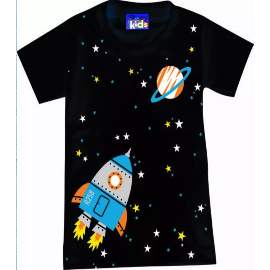 Atasan Kaos Anak Laki Laki 1-10 Tahun Motif Roket Bintang Astronot Hitam Sablon Plastisol Katun Kombed Combed