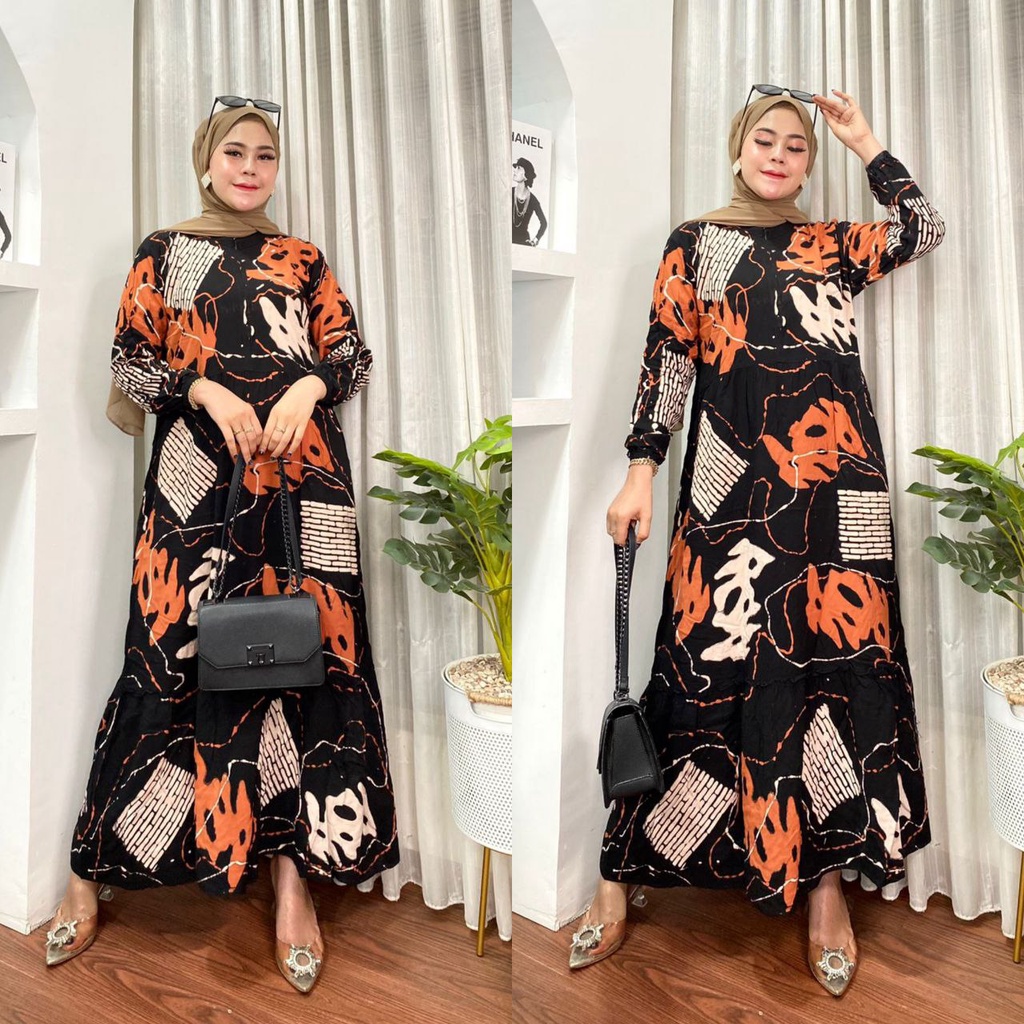 GAMIS RAYON MALAMAN MOTIF BLACK MAMBO RESLETING BUSUI BUMIL KEKINIAN DRESS WANITA SYARI VIRAL TERBARU