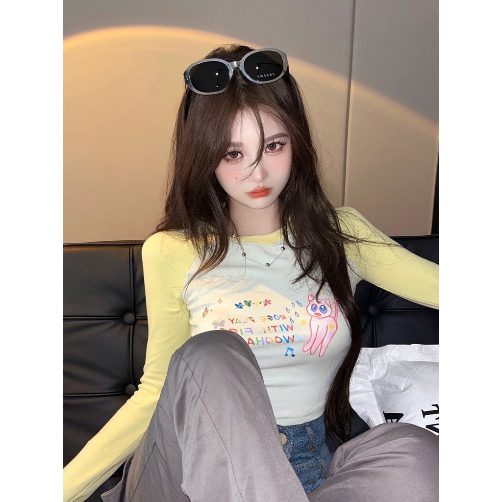 Red Warna kontras manis dan murni bernafsu musim gugur lengan panjang atasan wanita versi Korea dari kemeja bottoming t-shirt ramping dan tipis dengan ins