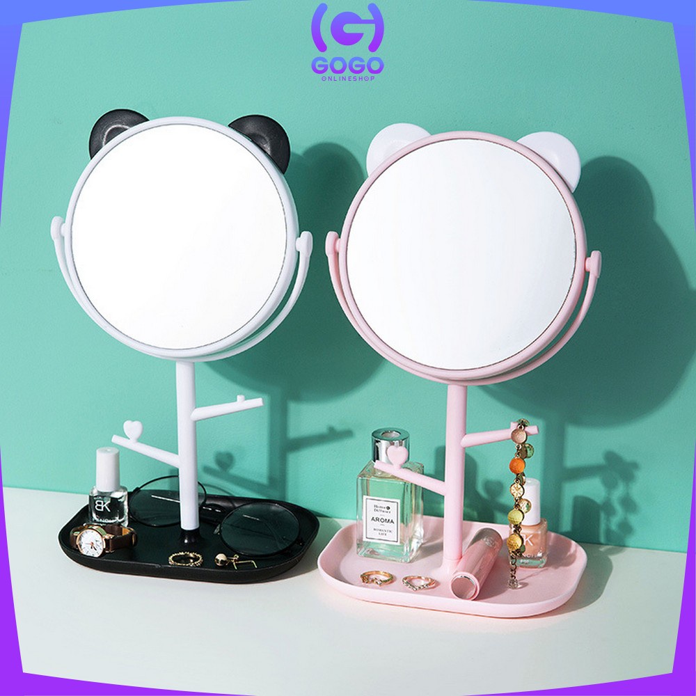 GOGO-K91 Cermin Motif Telinga Panda Serbaguna / Kaca Meja Rias Bulat Lucu / Standing Mirror Makeup Desktop Rotating Multifunction