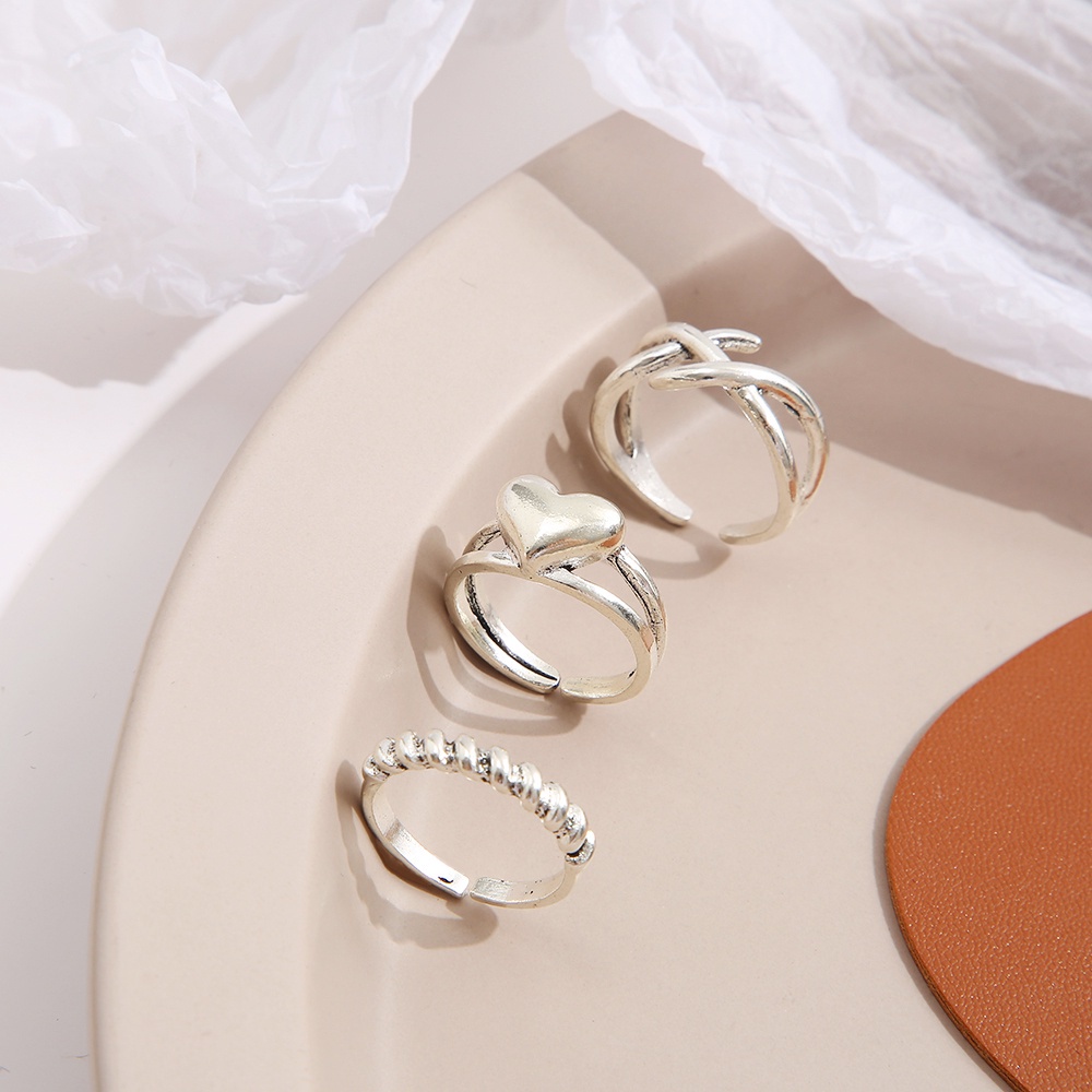 3pcs / Set Cincin Model Terbuka Desain Hati Silang Warna Silver Untuk Wanita