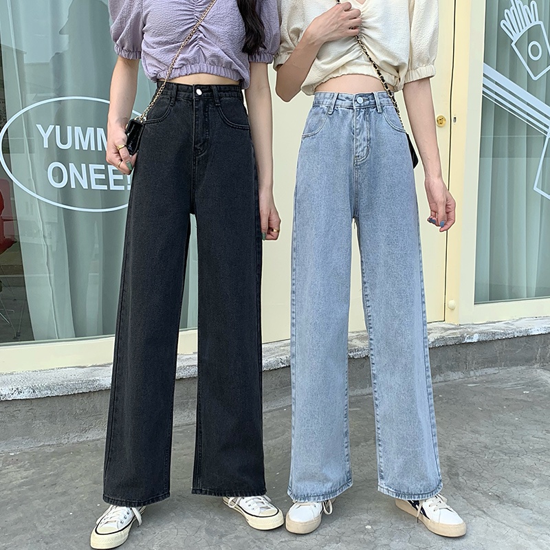 Kelabu hitam / Biru muda Celana Kulot Jeans Highwaist Loose Jeans Wanita Hot Sale 【THE GOOD SISTERS】