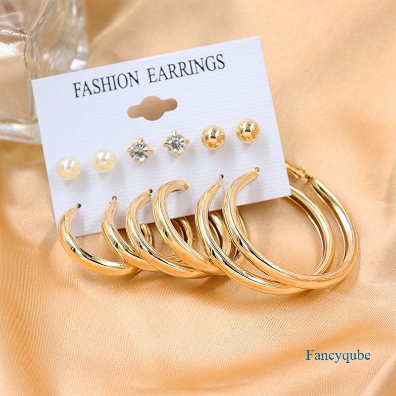 Fancyqube 6 Pasang / Set Anting Bulat Besar Warna Emas Hias Mutiara Kristal Berlian Imitasi