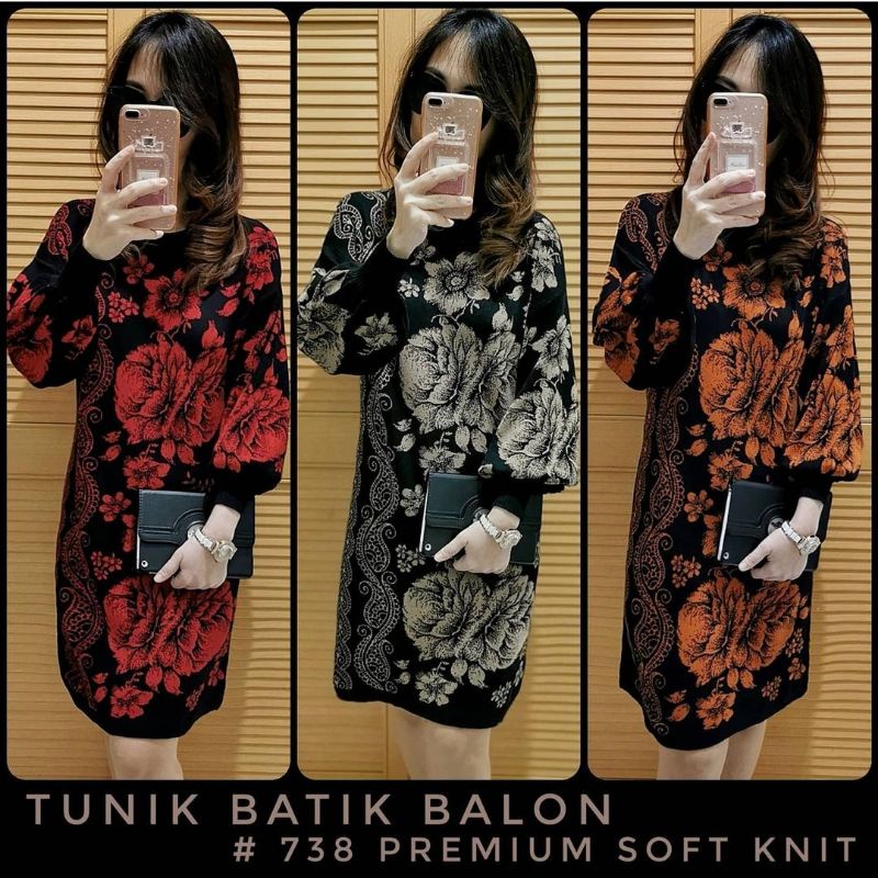 738 LINYSTORE DRESS RAJUT HIGH QUALITY BATIK BUNGA LENGAN BALON REAL PICT/TUNIK RAJUT BUNGA BATIK TA