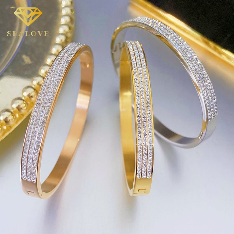 Gelang Titanium lapis emas 18k ANTI KARAT perhiasan 3Baris permata berlian hadiah wanita mewah