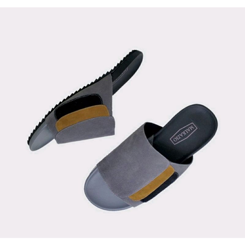 Sandal Slop Pria Kulit Suede Premium Big size shoes 43-48 Slide Kokop Abu2 Size JUMBO Oversize Sendal Slop K.7 Kaki Gemuk Lebar Bule Luar Negri Ori, 44