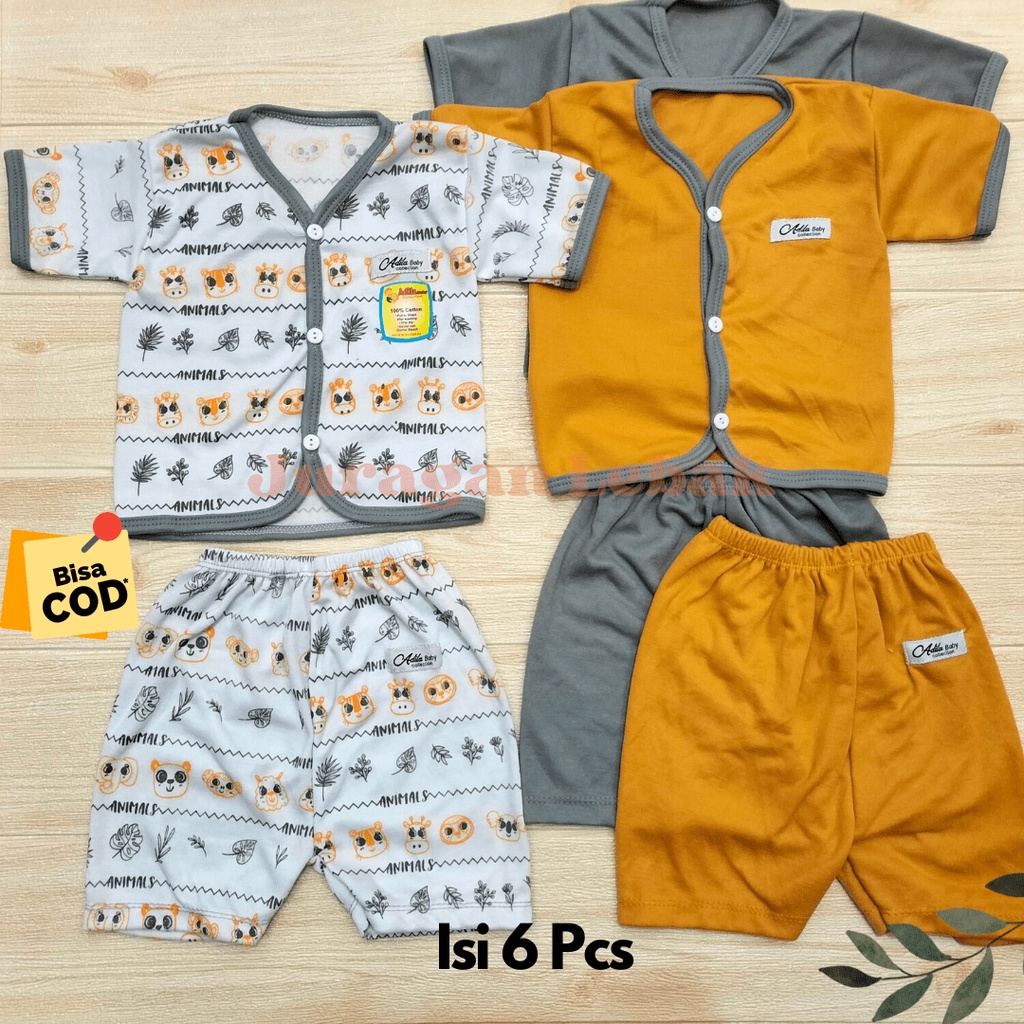 Paket 6pcs Setelan Baju Bayi Baru Lahir Lengan Pendek kekinian Lucu Motif Animal kombinasi Abu dan Mustard- juragan Lebak