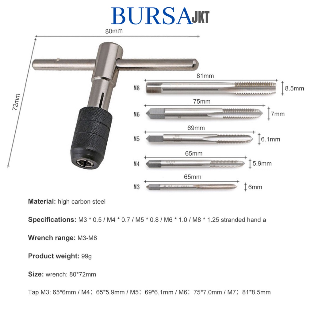 SET HAND TAP T + GAGANG M3 - M8 6IN1 PEMBUAT DRAT BAUT