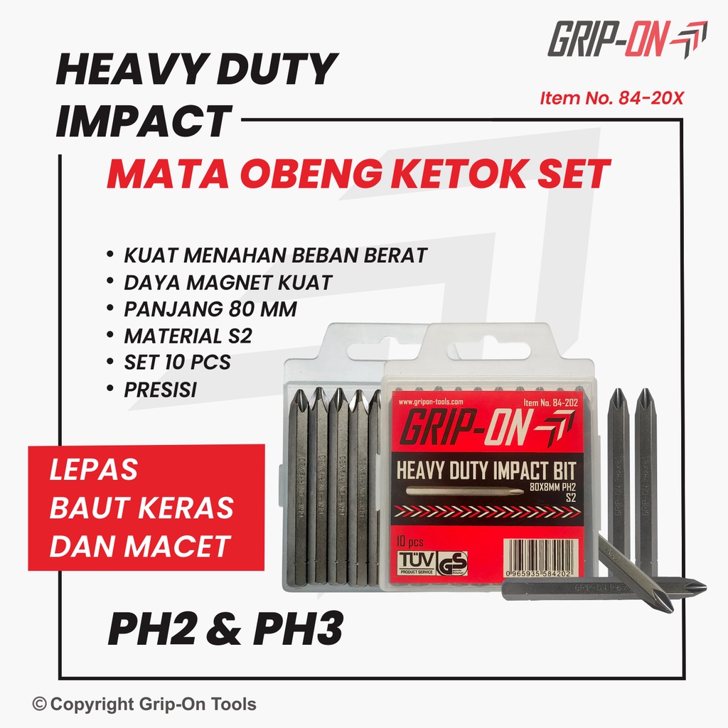 Grip-On Heavy Duty Impact Mata Obeng Ketok Plus (+) Set 80X8 MM (PH2 / PH3)