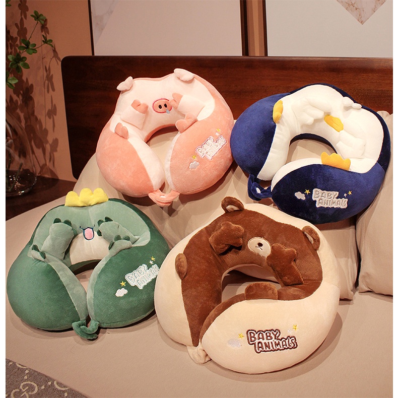 Bantal Leher Premium Travel Neck Pillow Bantalan Leher / Kepala Bentuk U-Shape Model Kartun Lucu Untuk Travel Perjalanan Liburan Pesawat Mobil Kantor Nyaman Empuk U-Shape Foldable