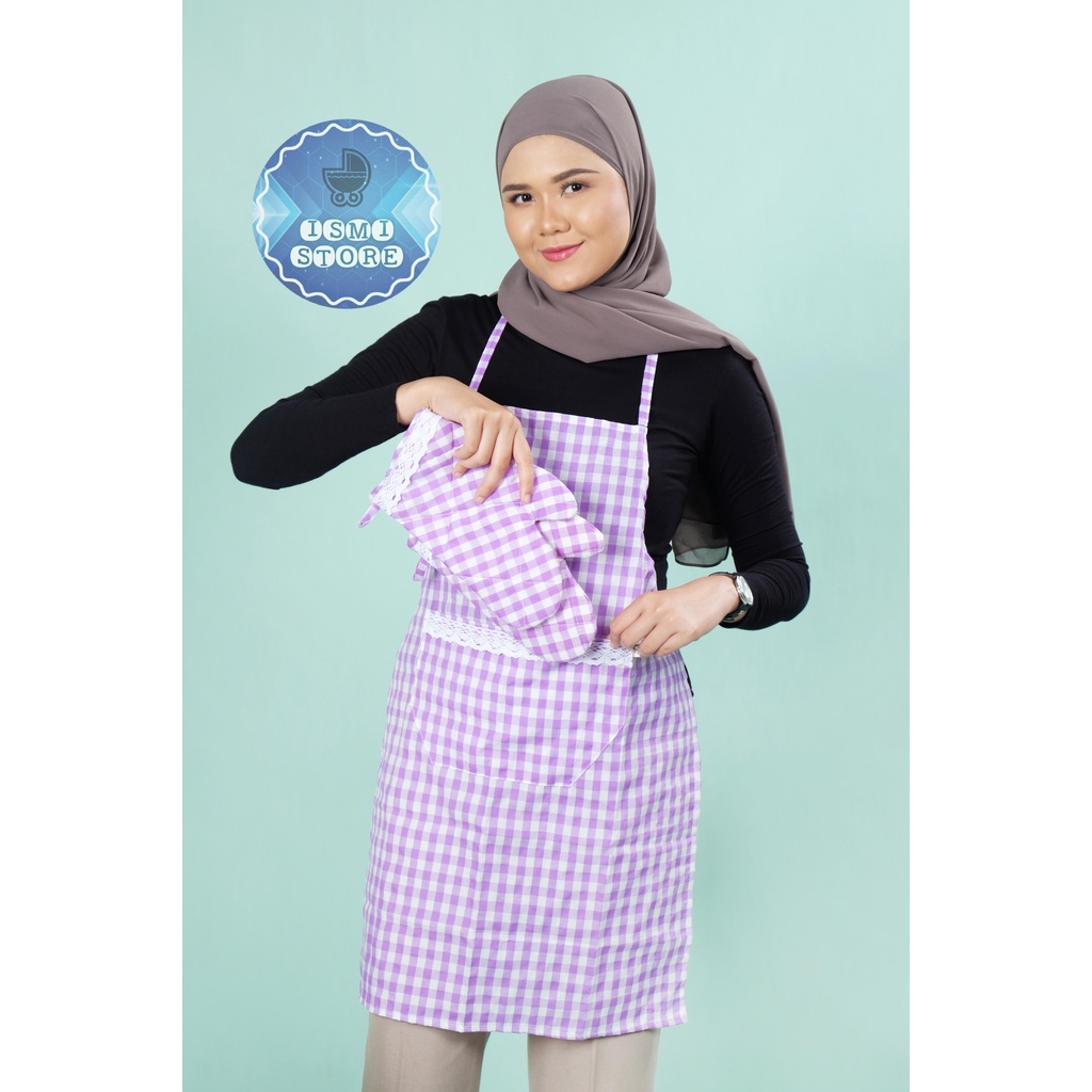 APRON / CELEMEK MASAK Motif Kotak-Kotak Gingham Ala Korea Kain Katun Ada Saku Depan Berhias Renda (A1)