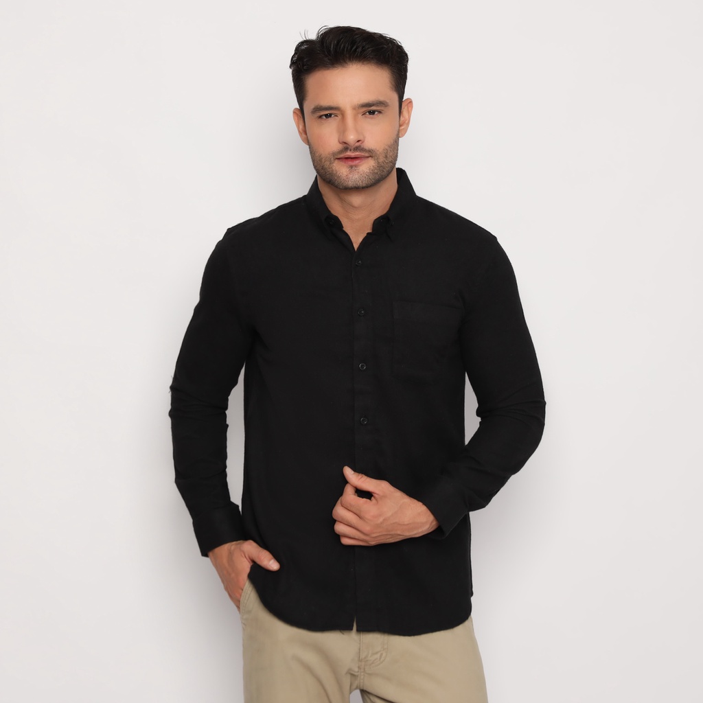 Platini Kemeja Pria Flanel Polos Lengan Panjang Hitam 76343