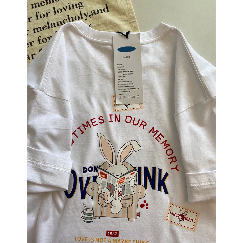 Baju Atasan Pendek Wanita Putih /Kaos T-shirt Imut Tee Import/Kaos Oversize Cewe -- Lucky rabbit (realpict)