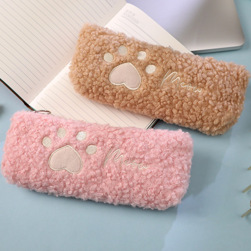 

Hairy Cute Kawaii Cat Paw Plush Pencil Bag Case Girl Supplies Simple Student Stationery Pen Case Sto