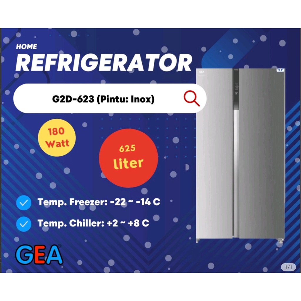 KULKAS GEA 2 PINTU JUMBO SIDE BY SIDE INVERTER TYPE G2D 623 INOX