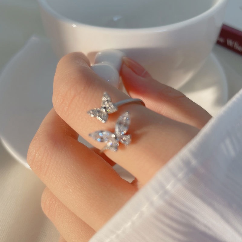 Cincin Zircon Bentuk Kupu-Kupu Bahan S925 Silver Gaya Korea Untuk Wanita