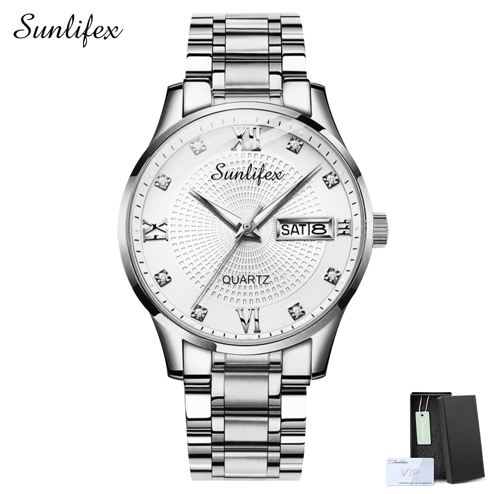 Sunlifex Jam Tangan Pria 9011 Anti Air Kuarsa Original Tali Stainless Steel Calendar Bisnis Santai Jam Tangan Cowok-SilverWhite