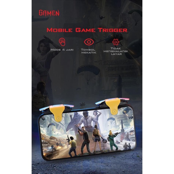 GAMEN Mobile Gaming Button Trigger Shotting Aiming No Delay Mode 4 Jari Tidak Menghalangi Layar