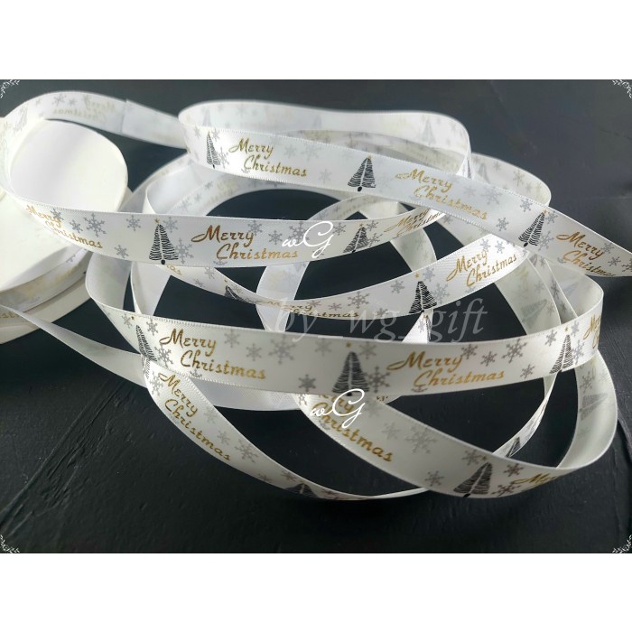 

[READY] Pita Natal Christmas - Satin - Putih - Emboss Gold - 1.5 cm, 25 yard