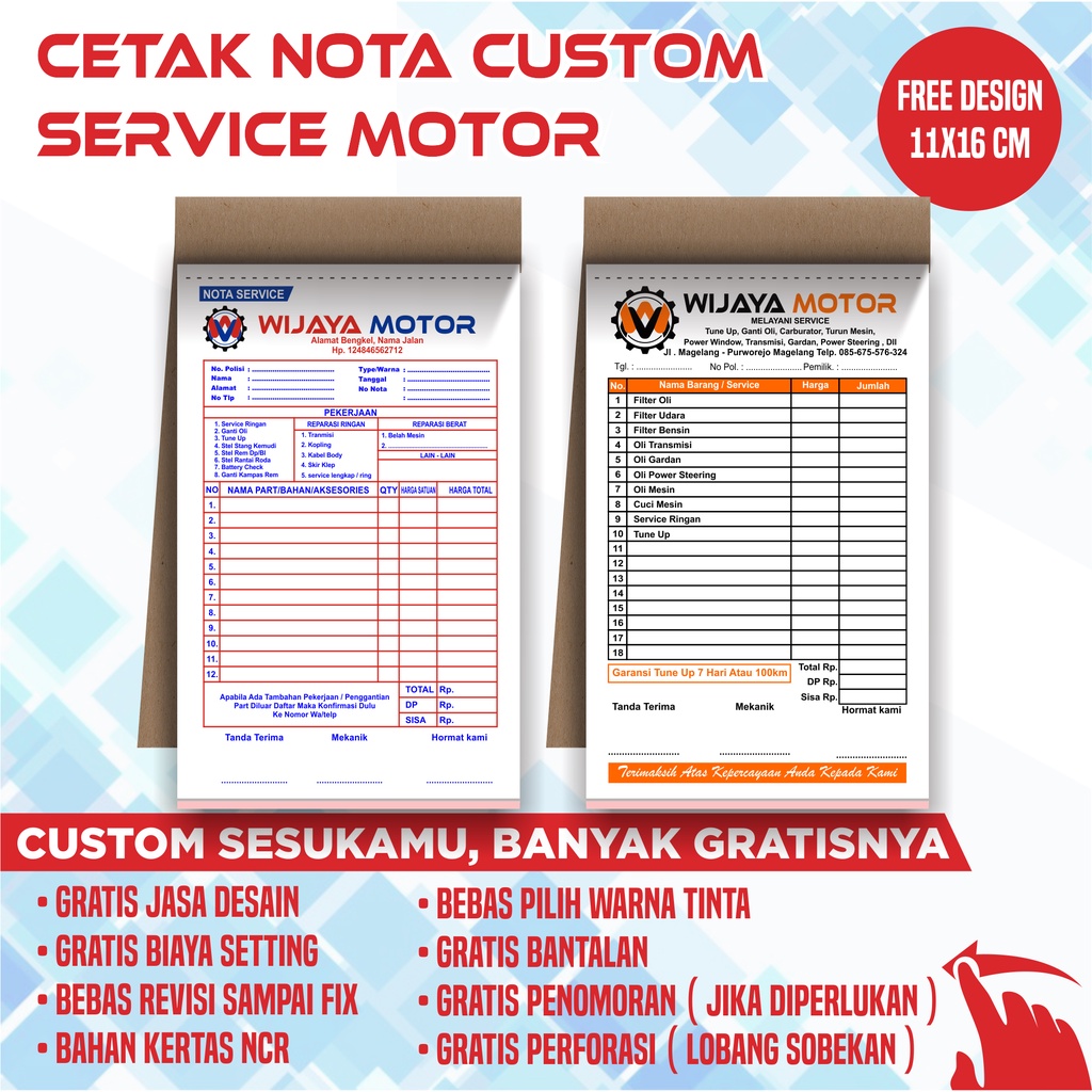 

NOTA SERVICE MOTOR, MOBIL DLL, CUSTOM UKURAN 11X16CM