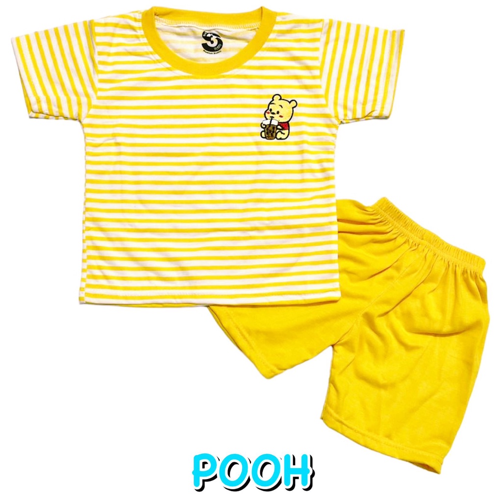 BAJU SETELAN PENDEK FASHION ATASAN CELANA OBLONG ANAK LAKI-LAKI/COWOK BAHAN KAOS KATUN KUNING BORDIR SALUR POOH/BERUANG/BEAR