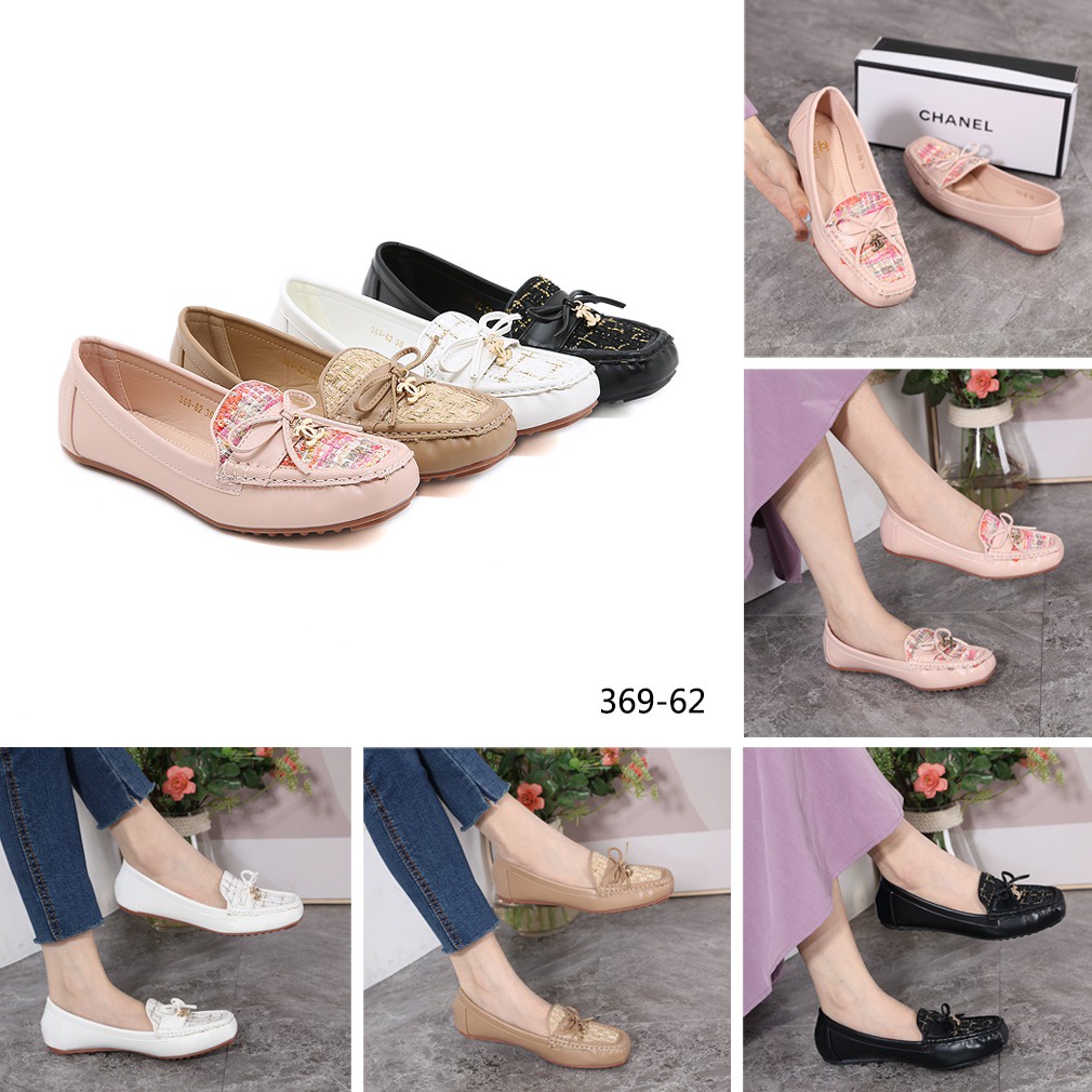 CH Leather and Tweed CC Logo Flat Shoes 369-62