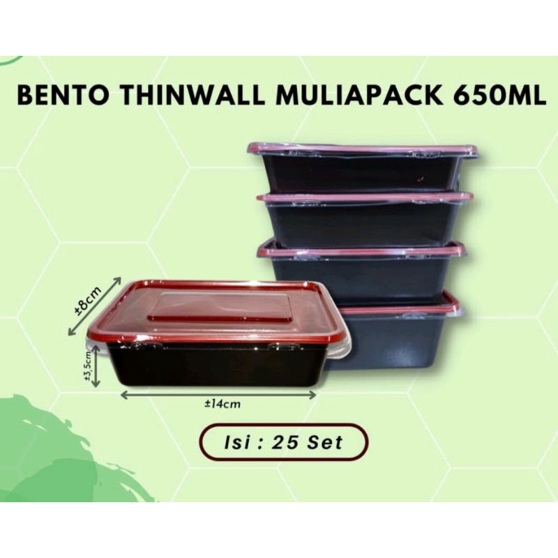 isi 25 set +tutup bento thinwall 650ml /kotak makan persegi warna