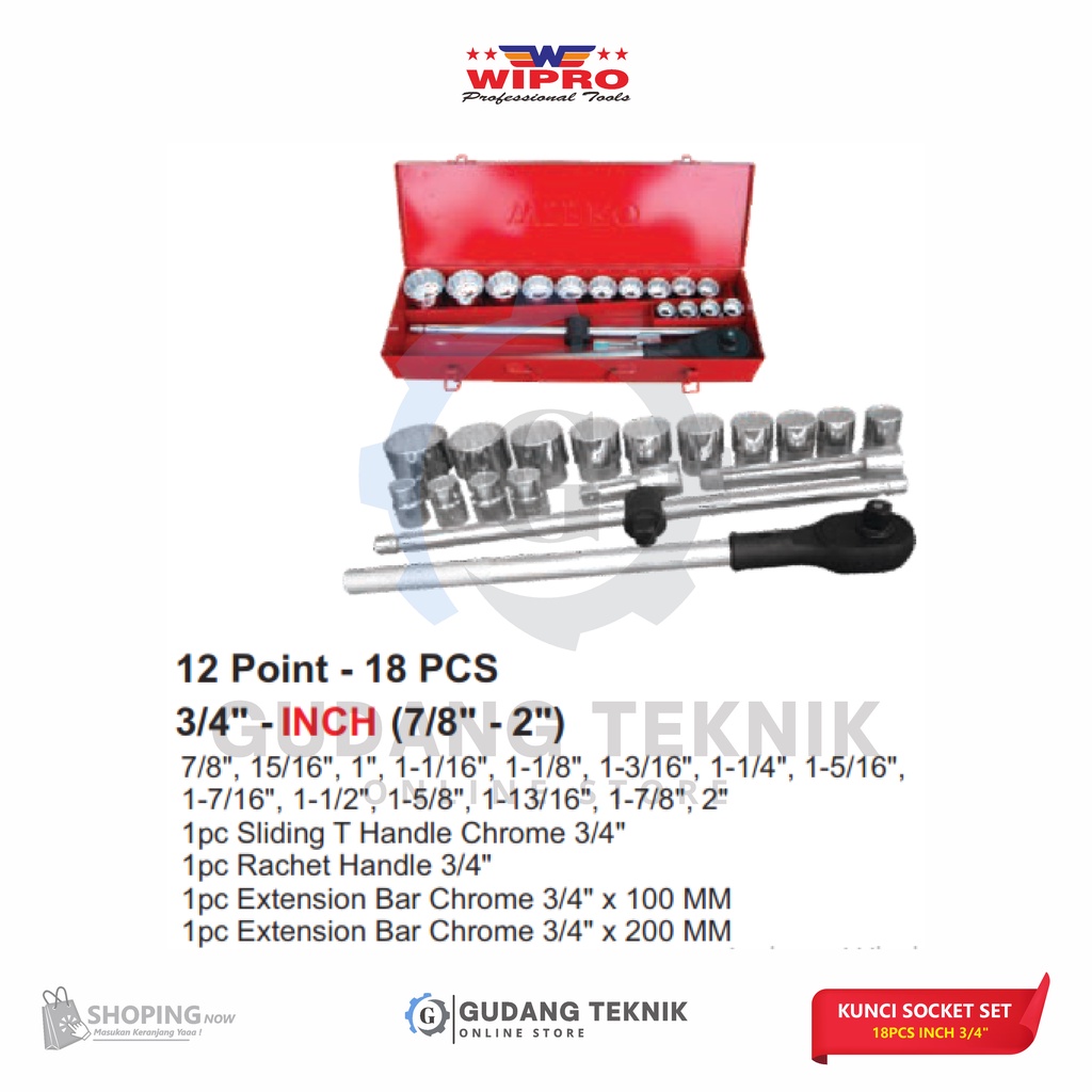 Kunci Sock Set 3/4&quot; 18 Pcs INCH WIPRO 12PT / Kunci Sok Socket 7/8-2 Inch WIPRO 12PT - Socket SET Wrench WIPRO 12PT