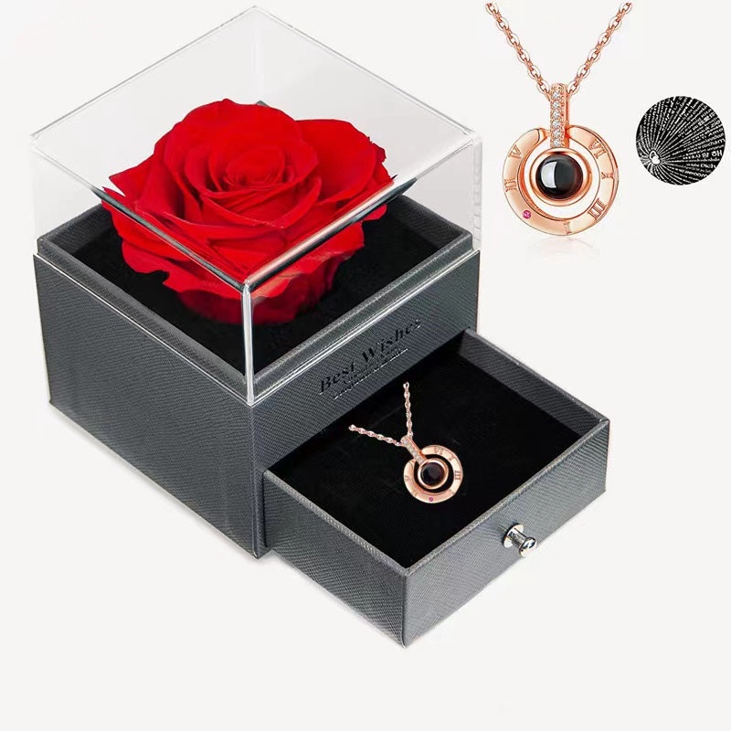 Topspot Diawetkan Mawar Asli 925 Sterling Silver I Love You Kalung 100 Bahasa Buatan Tangan Kalung Hadiah Set I  untuk Gadis Wanita Hari Ibu Ulang Tahun Ulang Tahun Hari Valentine Natal Bunga Mawar Asli Paket Hadiah Set Merah