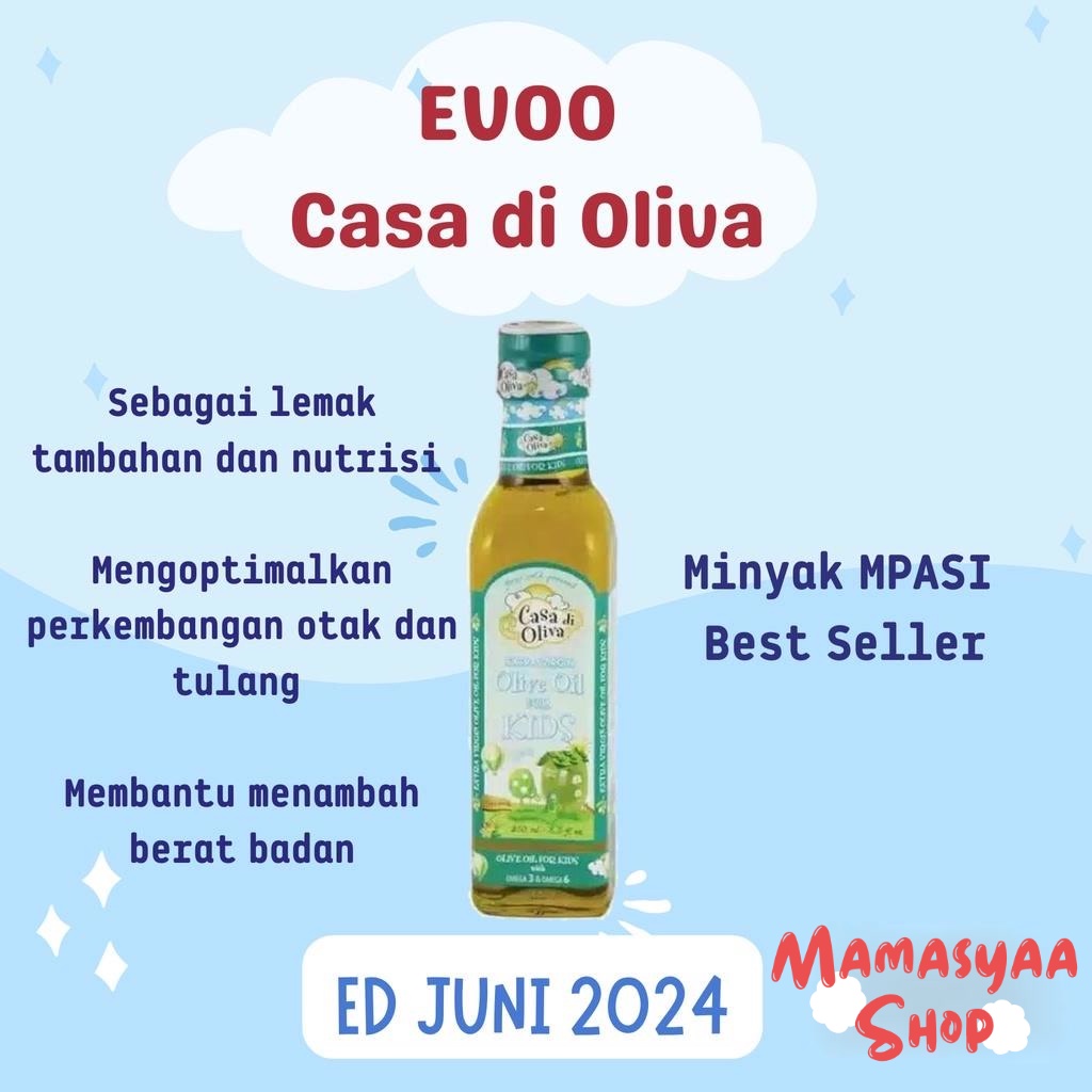 

EVOO Casa di Oliva / Concos VCO / Extra Virgin olive oil for kids / Minyak Zaitun untuk Anak MPASI Bayi 250 ml