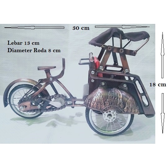 Hiasan Meja Becak Jawa Roda Tiga Miniatur Becak Bahan Besi Anti Karat Ukuran Sedang