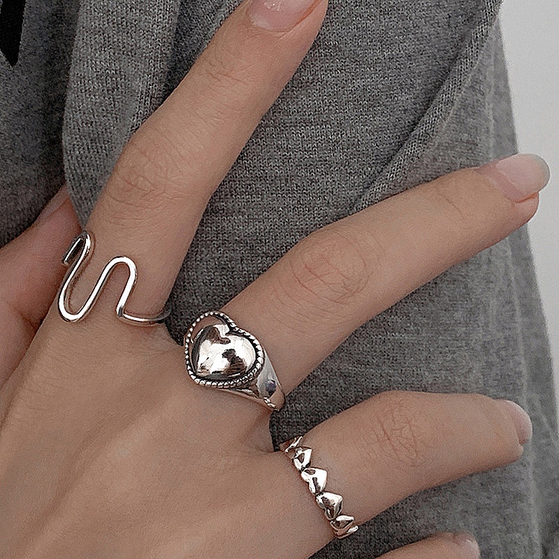 3pcs / Set Cincin Model Terbuka Adjustable Desain Hati Warna Silver Gaya Hip Hop Korea Untuk Unisex