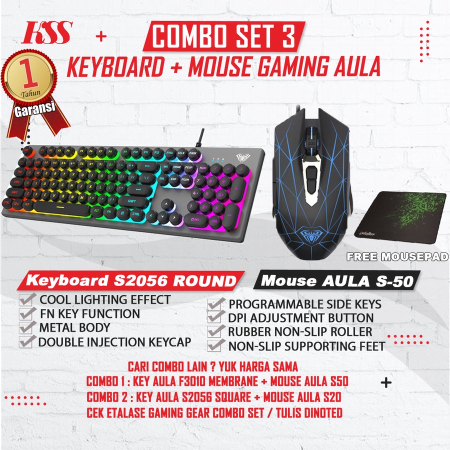 Combo AULA GAMING Keyboard S2056 Round / Bulet dan Mouse AULA S50 RGB